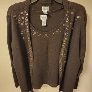 CHICO'S women 2Pieses Set Vintage Cardigan &Top Brown 65%Rayon size3 26.5" long